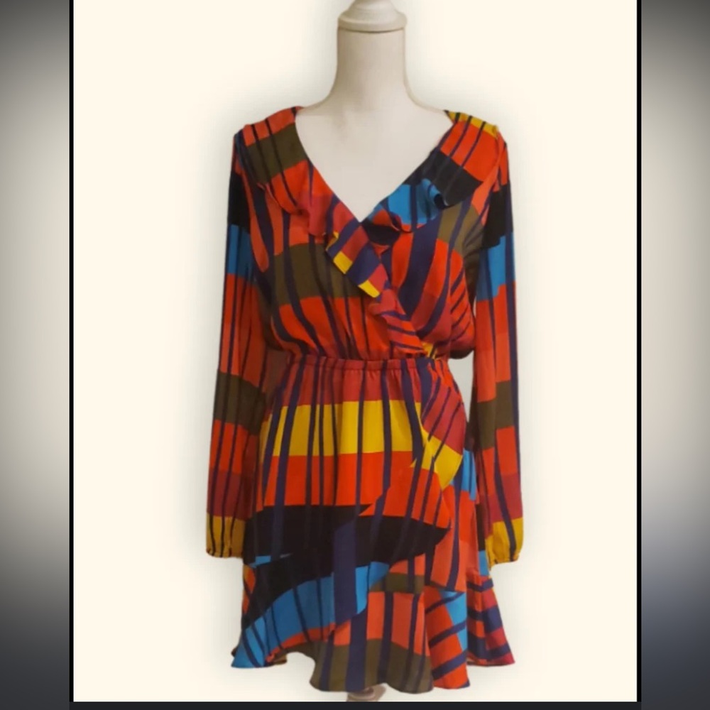 Express Women's Ruffle V Neck Long Sleeves Multicolor Mini Dress - Size M.